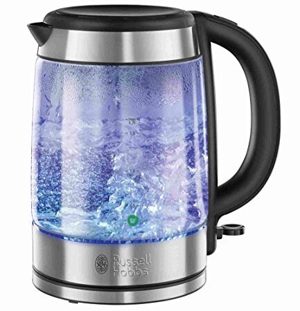 Russell Hobbs Wasserkocher Glas [1,7l, 2200W] Edelstahl (blaue LED Beleuchtung, 1-Tassen-Option, herausnehmbarer Kalkfilter, Wasserstandsanzeige mit Füllmengenmarkierung) Teekocher 21600-57