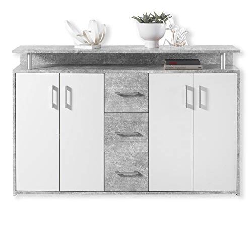 Stella Trading DRIFT Sideboard mit Ablage in Beton Optik, Weiß - Moderne Kommode mit Schubladen und viel Stauraum für Ihren Wohnbereich - 139 x 90 x 34 cm (B/H/T)