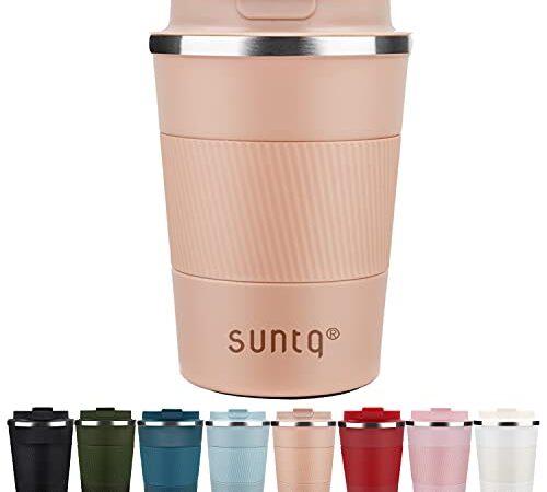 SUNTQ Kaffeebecher to go Thermo aus Edelstahl 380ml Thermobecher mit Gummierte Manschette Doppelwand Isoliert - Kaffeetasse mit Auslaufsicherem Deckel Wiederverwendbar Rosa