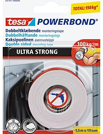 tesa Powerbond ULTRA STRONG - Doppelseitiges, extra starkes Montageband zur permanenten Befestigung im Außen- und Innenbereich - 1,5 m