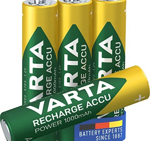 VARTA Batterien AAA, wiederaufladbar, 4 Stück, Recharge Accu Power, Akku, 1000 mAh Ni-MH, ohne Memory Effekt, vorgeladen, sofort einsatzbereit