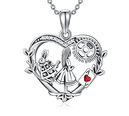 VENACOLY Alice im Wunderland Kette 925 Sterling Silber Herz Anhänger Halskette Schmuck Geschenk für Damen Mädchen