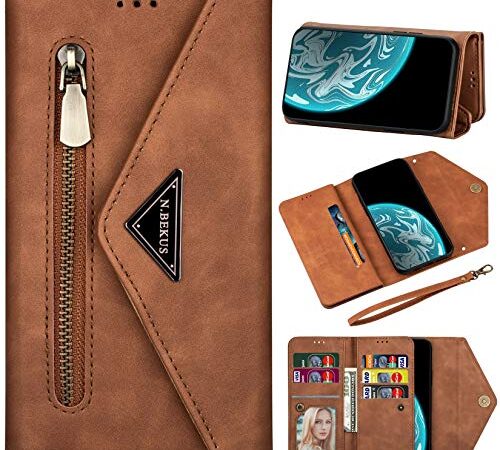 Vepbk Brieftasche Hülle für Huawei P30 Lite [nicht für P30] Handyhülle, Handytasche Case Leder Geldbörse mit Reißverschluss Kartenfach Umhängeband Wallet Cover Klapphülle für Huawei P30 Lite,Braun