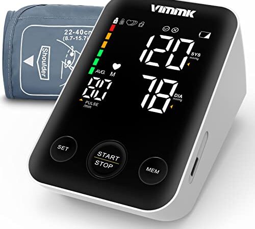 Vimmk Blutdruckmessgerät Oberarm Digital Vollautomatisch Messgerät zur Überwachung von Bluthochdruck Großes LED Display, Arrhythmie-Erkennung & Pulsmessung, 2x120 Speicherfunktion, Manschette 22-40cm