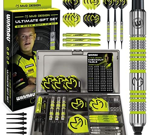 WINMAU Michael van Gerwen MvG Softip Geschenkset – 50-teiliges Dart-Set mit 4 Schäften, 4 Steuerfeder-Sets plus Zubehör