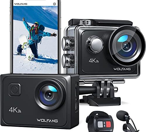 WOLFANG GA300 Action Cam 4K 60FPS 24MP Unterwasserkamera WiFi 40M wasserdichte 2.0 EIS Bildstabilisator Touchscreen Helmkamera 8X Zoom (Externes Mikrofon, 2x1350mAh Akkus und Zubehör Kit)