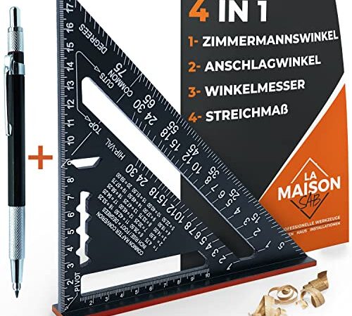 Zimmermannswinkel MULTIFUNKTIONAL 180 mm [BLEISTIFT + ANLEITUNG] Aluminium, Lineal Anschlagwinkel Streichmaß Winkelmesser 45 90 Grad/DIY Zimmermanns-Werkzeug/Markierungs-Werkzeug für Holzarbeiten