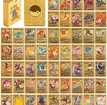 55 Stück Gold Karten für Pokemon, Vstar Vmax Goldfolienkarten mit Deck Box, Vergoldete Karte Einschließlich Verschiedener Seltener Folienkarten Sammler(7Vstar+29Vmax+16V+2GX+1PHASE),V Sortierte Karten