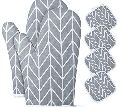 AUAUY Ofenhandschuhe und Topflappen Grillhandschuhe-Baumwolle Ofenhandschuhe und Topflappen, rutschfeste Kochhandschuhe zum Kochen, Backen, Grillen (6-teiliges Set, grau)