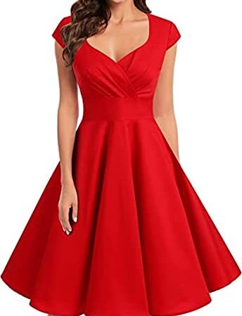 bbonlinedress 1950er Vintage Retro Cocktailkleid Rockabilly V-Ausschnitt Faltenrock Red M