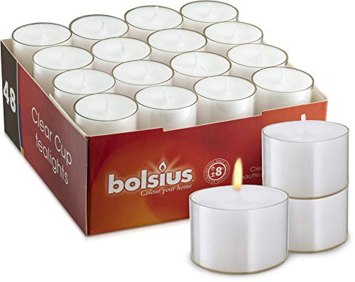 bolsius Genuine Tea Light Candles in Clear Holder Cups Bulk 48 Set. Long Burning 8hr, Unscented, for Mood, Dinners, Parities, Home, Decoration, Wedding, Crafts, Weiß