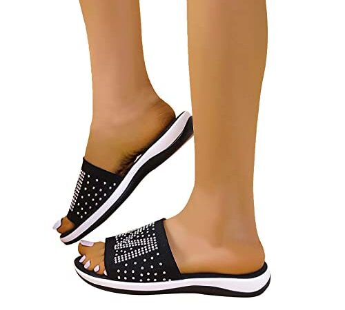 Briskorry Damen Sandalen mit Absatz Plateau Pantoletten Silber Glitzer Sommer Strass Hausschuhe Slip On Sandalen Open Toe Schlappen Sommerschuhe Leicht Bequem Strandsandalen Slippers