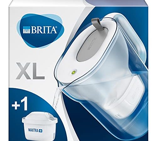 BRITA Wasserfilter Style XL hellgrau inkl. 1 MAXTRA+ Filterkartusche – Großer Filter in modernem Design zur Reduzierung von Kalk, Chlor & geschmacksstörenden Stoffen, 23.5 x 13.5 x 25 cm