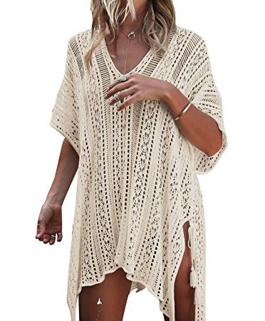 DHAIGOU Damen Gestrickte Strandkleid Sommer Strandponcho Strandurlaub Badeanzug Bikini Cover-Ups, beige, Einheitsgröße