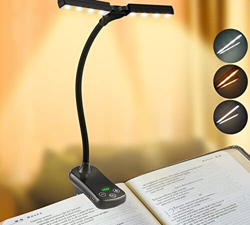 Electight 14 LEDs Leselampe Buch Klemme mit 2 Köpfen, USB Wiederaufladbar Klemmleuchte Buchlampe mit 3 Beleuchtungsmodi, Stufenlos Dimmbar, Batterieanzeige, bis zu 80 Stunden, für Leser & Kinder