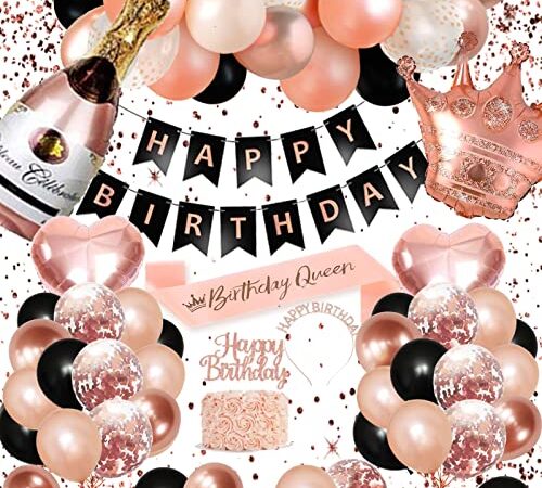 Geburtstagsdeko, SWPEED Rosegold Schwarz Deko Set Happy Birthday Banner Girlande Konfetti luftballon Mädchen Frauen Geburtstag Deko 18 21 30 40 50 60 70 80 90 Geburtstag Party Deko Supplies