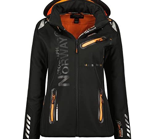 Geographical Norway Reine Lady - Kapuzen-Softshelljacke Frau Wasserdicht Outdoor - Winddichte Jacke - Outdoor-Aktivitäten Wandern Skifahren Herbst Winter Frühling (Schwarzorange M-Größe 2)