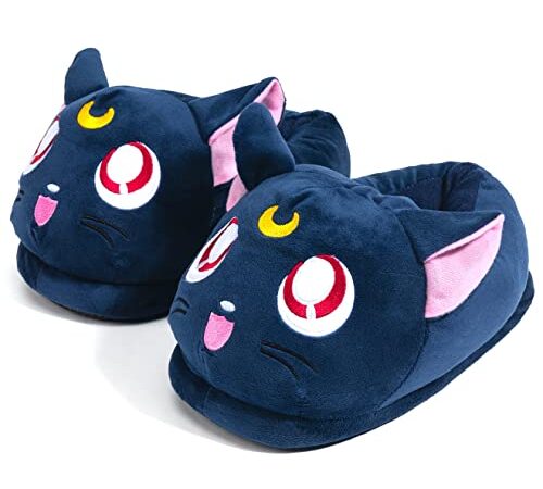 Glopastel Katze Luna Hausschuhe | Süße Anime Moon Fuzzy Slip-On Hausschuhe | Einheitsgröße Erwachsene Damen Herren (Blau)