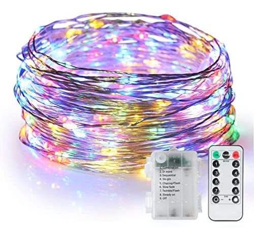 HOTLIFE 10M 100 LED Wasserdicht Lichterkette mit Fernbedienung und Timer, 8 Modi Lichterkette Batterie Silbernedraht Micro Lichterkette für Party, Weihnachten, Halloween, Hochzeit Deko(Mehrfarbig)