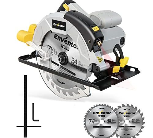 Kreissäge, ENVENTOR 1200W Handkreissäge mit führungsschiene, (Sägeblatt-Ø: 185mm, inkl. 2x Kreissägeblatt (24T+40T), 5800RPM, mit Laserführung, für Holz, Weichmetall, Fliesen