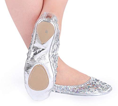 Milisten 1 Paar Damen Ballerina Bling Metallic Glanz Frauen Slipper Glitzer Ballerina flache Schuhe Größe XL 40-41 L Silber 2