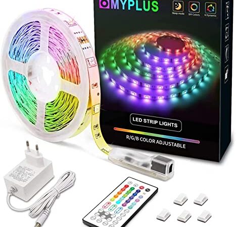 MYPLUS LED Streifen, RGB Led Strips 5M mit IR-Fernbedienung und Netzteil Beleuchtung Band für Zuhause, Schlafzimmer, TV, Decke, Schrankdeko