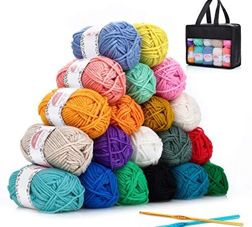 SOLEDI Große Acrylwolle Set, Wolle Zum Häkeln und Stricken 25g/50m x 20 Farben (Dickes Garn aus 100% Polyacryl, mit 2 Häkeln, Nadelstärke: 4-5), Amigurumi Wolle Set für Anfänger, Pflegeleichtes