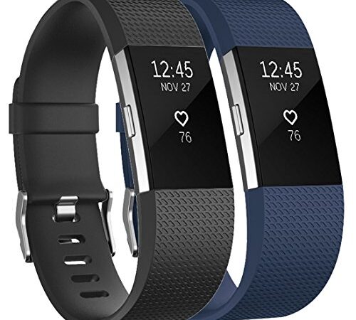 Tobfit für Fitbit Charge 2 Armband, Ersatz Silikon Sport und Fitness Armbänder für Fitbit Charge 2 (Kein Uhr) (S, Klassische 2-Pack Schwarz+Blau)