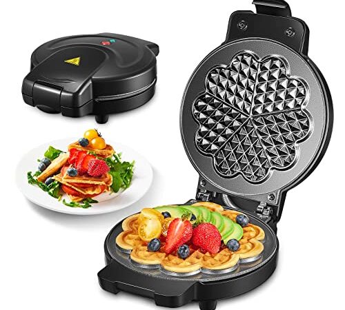 Waffeleisen, FOHERE Waffeleisen Herzform, 900 W, Waffelmaker mit Antihaftbeschichtung, Waffelgröße 15,5 cm, Optische Fertigmeldung, Klassische Herzwaffeleisen für Familienfeiern und Weihnachten