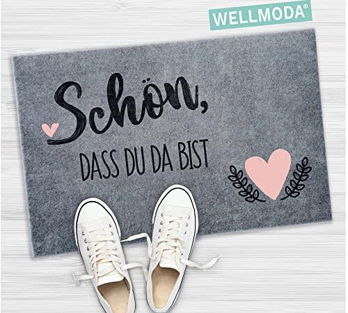 WELLMODA® Fußmatte I Schön, DASS du da bist I Waschmaschinen geeignet & rutschfest I Fussmatte für außen & innen I Fußabtreter für Haustür, Deko in 40x60 cm & Grau