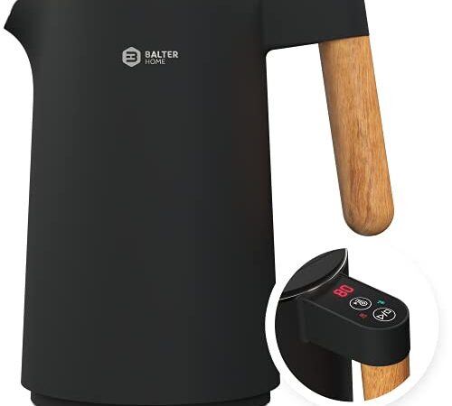 BALTER Edelstahl Wasserkocher mit Temperatureinstellung, 45°C-100°C, Doppelwand, BPA frei, leise & kabellos, Warmhaltefunktion, Teekocher mit Temperaturanzeige, 1.5L, 2200W, Schwarz