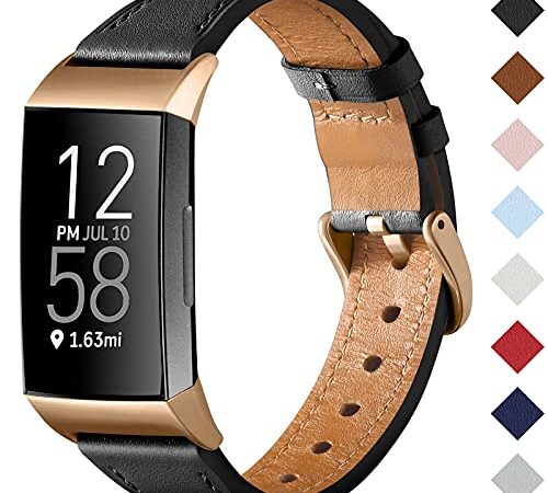 CeMiKa Armband Kompatibel mit Fitbit Charge 3 Armband/Fitbit Charge 4 Armband Leder, Klassisch Ersatzband für Charge 3 und Charge 4 Tracker, Schwarz/Roségold