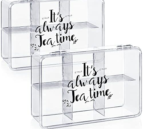 com-four® 2x Aufbewahrungsbox für Tee und Teebeutel - Teebox aus transparentem Kunststoff mit 6 Fächern - Teekiste zur Teeaufbewahrung (02 Stück - It's always Teatime)