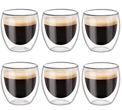 Doppelwandige Gläser 6er Set 80ml Doppelwandige Espressotassen mit Schwebeeffekt, Thermogläser Latte Macchiato Cappuccino Gläser