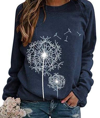 Dresswel Damen Löwenzahn Sweatshirt Langarmshirt Pusteblume Drucken Pullover Herbst Winter Bluse Tops Oberteile(Navy,M)