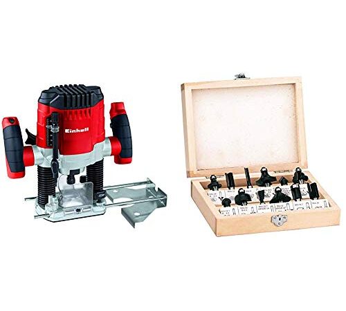 Einhell Oberfräse TC-RO 1155 E (1100 W, Ø 6 und 8 mm, Drehzahlregelung, Parallelanschlag, Absaugadapter, inkl. Zubehör) + Fräser Set passend für Elektro Oberfräsen (12-teilig, Lieferung im Holzkoffer)