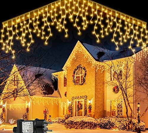 GYLEFY Eisregen Lichterkette Außen, 10M 400 LED Anschließbar Lichterkette Außen, Weihnachtsbeleuchtung Außen IP65 Wasserdicht Timer, 8Modi Lichterkette für Weihnachtsdeko Aussen Innen- Warmweiß