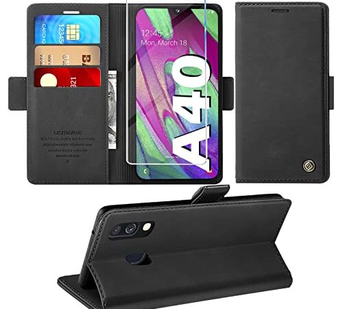 Handyhülle für Samsung Galaxy A40 Hülle mit Panzerglas Schutzfolie, Standfunktion Kartenfach Wallet Premium Leder Schutzhülle A40 Flip Case Cover Stoßfeste Klapphülle A40 5.9 Zoll (Schwarz)…