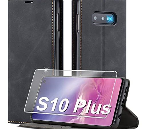 Handyhülle für Samsung Galaxy S10 Plus Hülle Leder [Mit S10 Plus Schutzfolie] für Samsung S10 Plus Hülle Klappbar Flip Stoßfeste Leder Wallet Case Cover Schutzhülle für Samsung Galaxy S10 Plus Hülle