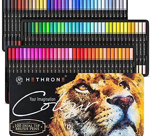 Hethrone Filzstifte Doppelseitig, Dual Brush Pen Set 100 Farben Brush Marker Pinselstifte Journal Zubehör Stifte für Handlettering Ausmalen Erwachsene (100 Schwarz)