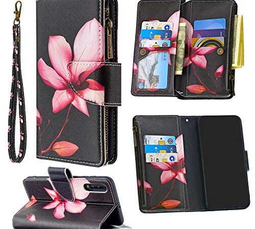 Lavender1 Handyhülle für Samsung Galaxy A50 Hülle, PU Leder Flip Hülle 3D Butterfly Bling Schutzhülle 9 Kartenfächer Reißverschluss Münzfach Hülle Kompatibel mit Samsung A50 (C)