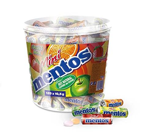 Mentos Mini Fruit Mix Bucket, Eimer mit 120 Mini-Rollen à 5 Frucht-Dragees, Kaubonbons in den Sorten Orange, Erdbeere, Apfel & Zitrone (120 x 10,5g)