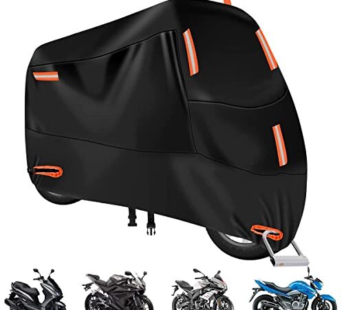 Motorradabdeckung Outdoor Motorrad Abdeckplane Wasserdicht 210D XXL Motorradgarage Winddicht mit Reflektionsstreifen Schlosslöcher Gürtelschnalle Motorrad Schutzhülle Abdeckung 245x105x125cm Schwarz