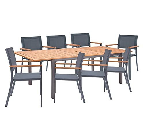 NATERIAL - Gartenmöbel Set 8 Personen - Gartentisch ORIS 180/240x100 cm - Ausziehtisch - 8 Gartenstühle ORIS mit Armlehnen - Gartensessel - Stapelbar - Sitzgruppe - Aluminium - Textilene - Eukalyptus