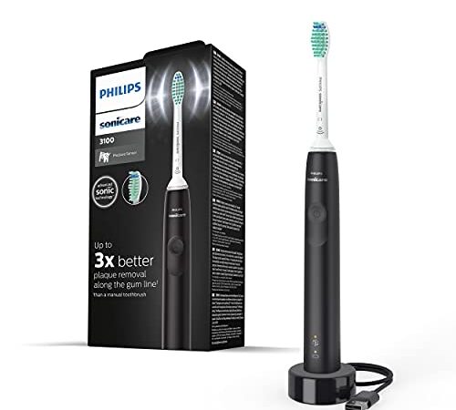 Philips Sonicare 3100 Series elektrische Zahnbürste mit Schalltechnologie, mit Drucksensor und Bürstenkopf-Wechselanzeige, schwarz (Modell HX3671/14)