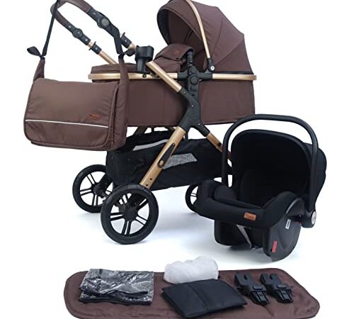 Pixini Kinderwagen Nelio 3in1 Kombikinderwagen, inkl. Babywanne & Buggy & Auto-Babyschale & Wickeltasche/Becherhalter/Regenschutz/Adapter (gold/braun)