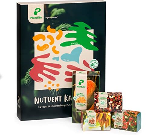 PlantLife Adventskalender & Probierbox 2022 – Veganer Weihnachtskalender mit feinsten BIO Nüssen, Trockenfrüchten und Mischungen in Rohkost-Qualität mit Überraschung – Gesamtinhalt: 740g