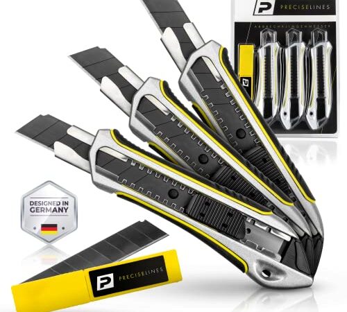 Precise Lines [3er Set] Profi Cuttermesser 18mm | Heavy-Duty-Gehäuse mit versenktem Schieberegler und 2-K-Griff | Teppichmesser inkl. 10 SK5 Ersatzklingen