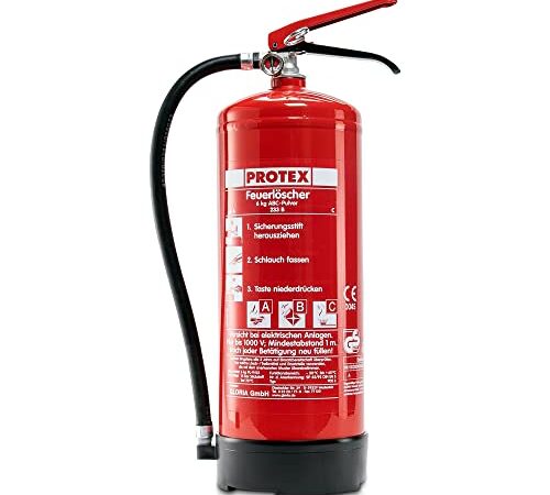 Pulver-Feuerlöscher – Protex Pulverfeuerlöscher – 6 Liter - für die Brandklassen ABC – Zertifiziert nach DIN EN 3 und CE – je 9,5 kg – mit praktischer Halterung – mit Prüfplakette - Made in EU