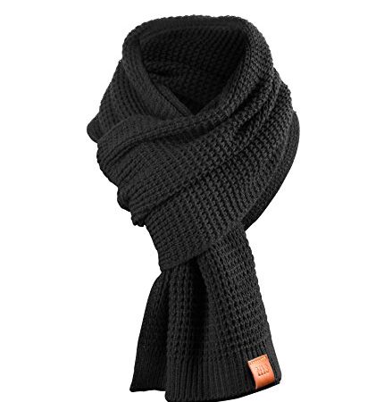 Rough Scarf - Schal, Strickschal, Langschal mit Echt-Leder Veredelung (Manufaktur13/M13) (Schwarz)